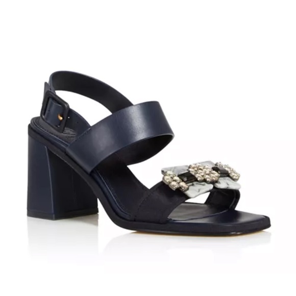 Tory Burch Navy Women's Delaney Embellished Leather Block Heel Sandals - Picture 2 of 16